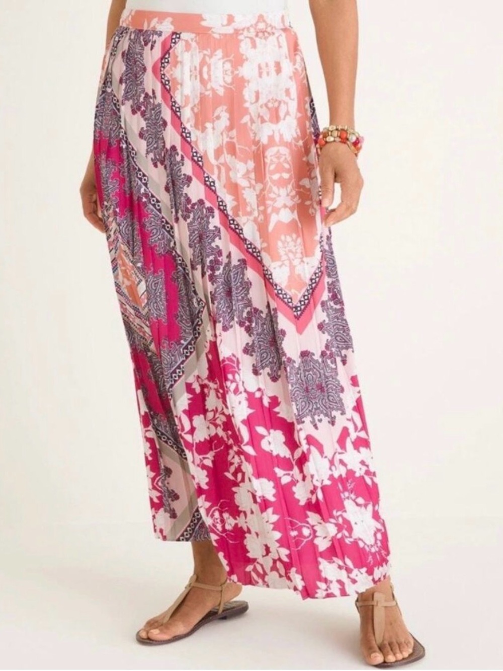 Chico's Pink Floral Mixed Print Bohemian Accordian Pleated Long Maxi Skirt NWT